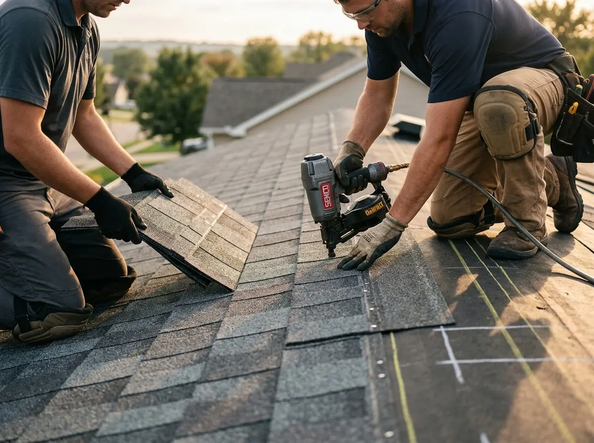 Professional roofer working on a residential roof in Burlingame